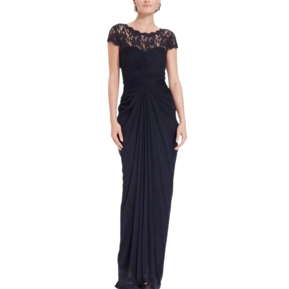 Adrianna Papell Ink Black Illusion Lace Yoke Ruched Drape Gown Dress 20W NWT - Picture 3 of 14